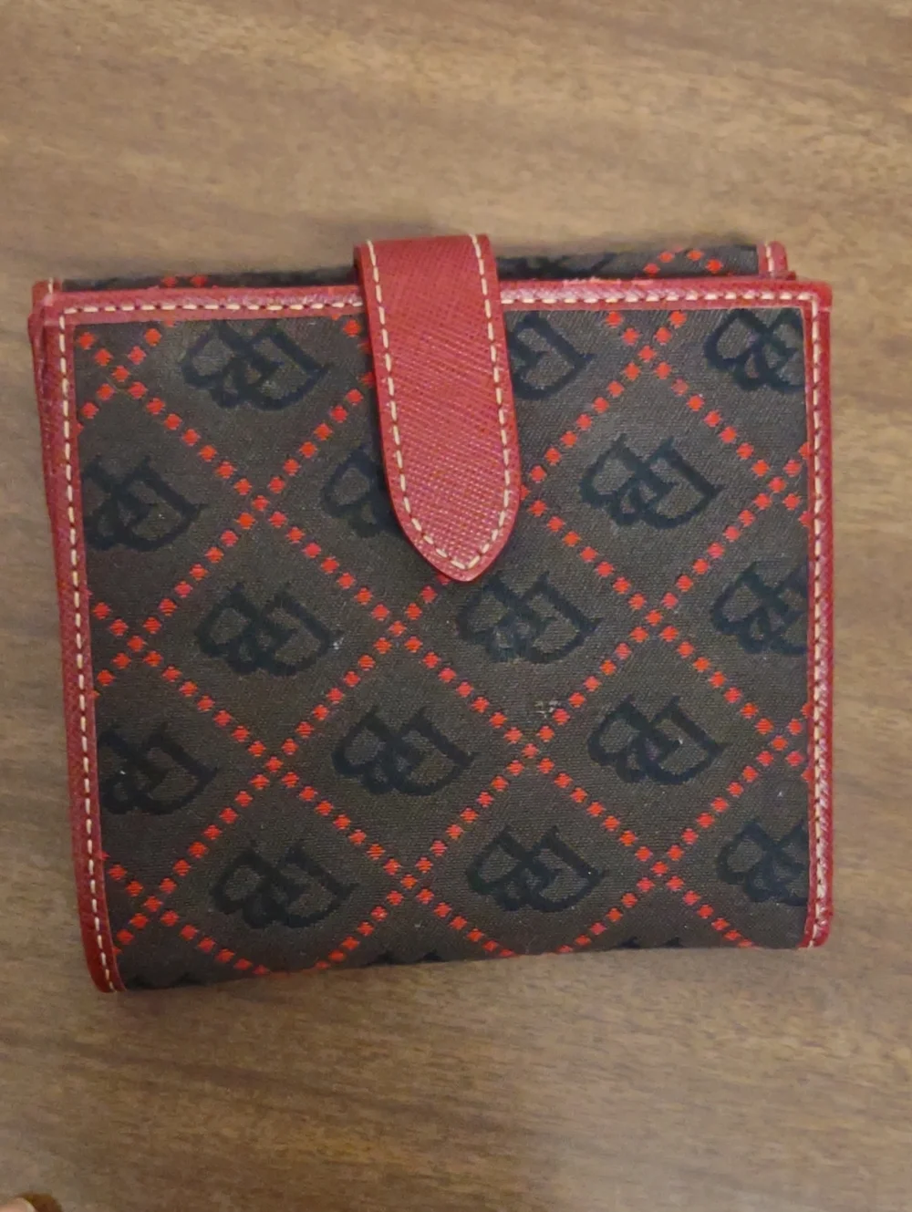 Dooney & Bourke Vintage Dark Gray Wallet with Red Trim and Gold Plate